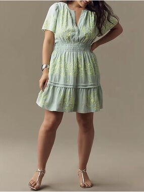 Anthropologie Light Mint Tiered Mini Dress 2X Neon Yellow Embroidery Boho